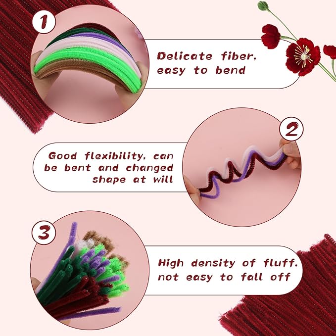 Pipe Cleaners, 100Pcs Creative Crafting Pipe Cleaners Supplies for Flowers Making, Chenille Stems Pipe Cleaners for DIY Hand Crafts, Festivals Home Decorations/Wine Red