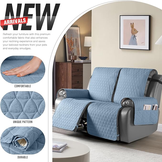TAOCOCO 100% Waterproof Loveseat Recliner Cover-Recliner Cover with Non-Slip Granule, Recliner Chair Covers with Elastic Band,Washable Recliner Chair/Protector for Pets(Sky Blue, 2 Seater)