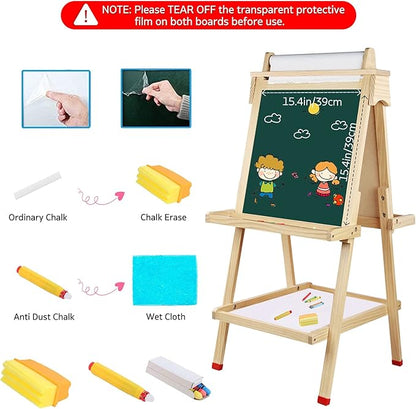 Kids Easel Wooden Art Easel Adjustable Standing Easel Double-Sided Drawing Easel with Paper Roll Chalkboard & Whiteboard for Kids Toddlers Birthday Holiday Gifts.