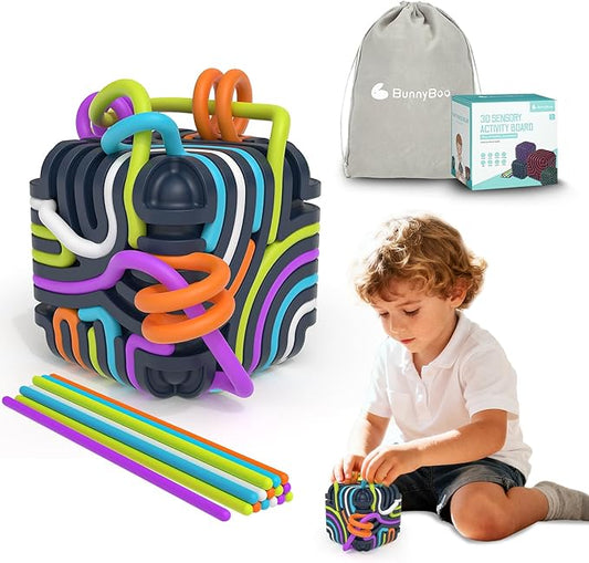 BunnyBoo Sensory Activity Board, 3D Silicone Toys for Kids with Autism & ADHD,Sensory Fidget Toys for Anxiety Relief, Calming & Focusing, BPA-Free, 15 Colorful Strings, Storage Bag(Blue)