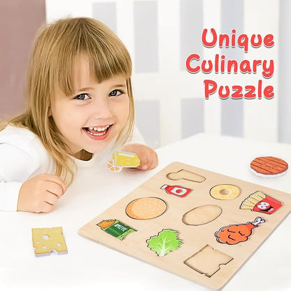 Adena Montessori Wooden Puzzles Play Fake Kitchen Fast Food Toys for Kids 2 3 4 Years Old
