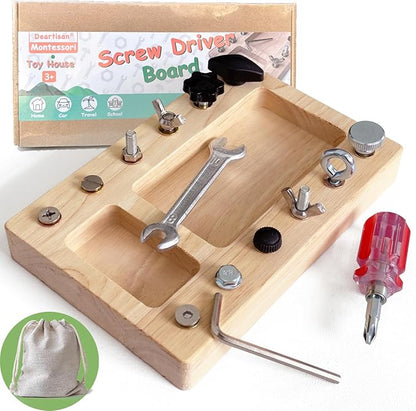 Montessori Screwdriver Board Set, Real 17 Pcs & 12 Holes Fine Motor Skills 3 4 5 +Kids Patience Basic Life Skill Educational Wooden STEM Toys for Toddler Preschool Materials Busy Sensory Tools