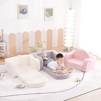 Tiita Kids Chairs for Toddler, 2-in-1 Toddler Soft Sherpa Couch Fold Out, Convertible Sofa to Lounger for Girls and Boys, Beige