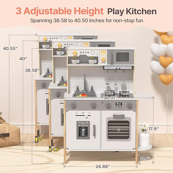BIERUM Play Kitchen, Wooden Kids Kitchen Playset for Toddlers with Real Lights & Sounds, Height Adjustable Toys Kitchen with 30 Pcs Toy Food & Cookware Accessories