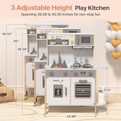 BIERUM Play Kitchen, Wooden Kids Kitchen Playset for Toddlers with Real Lights & Sounds, Height Adjustable Toys Kitchen with 30 Pcs Toy Food & Cookware Accessories