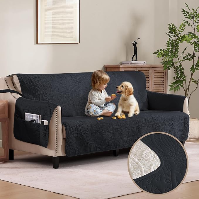 Quilted Grand Sofa Covers Washable, Couch Cover for Grand Sofa, Soft Cozy Couch Protector for 4 Cushion Couch, Oversized Grand Sofa Slipcovers Water-Repellent (Grand Sofa 88", Blue Gray)