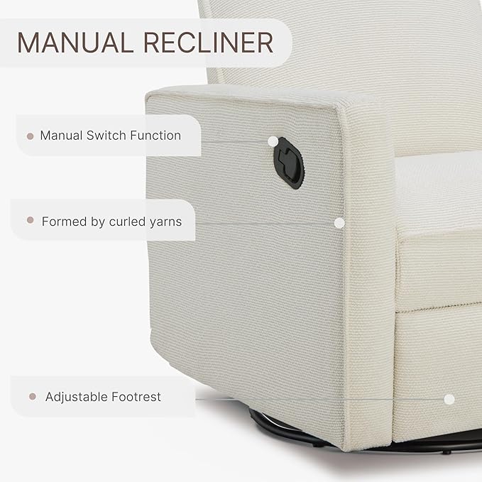 Upholstered Recliner Swivel Glider Nursery Chair Reclining Performance Fabric Rocker with Metal Base,Basketweave,Cream