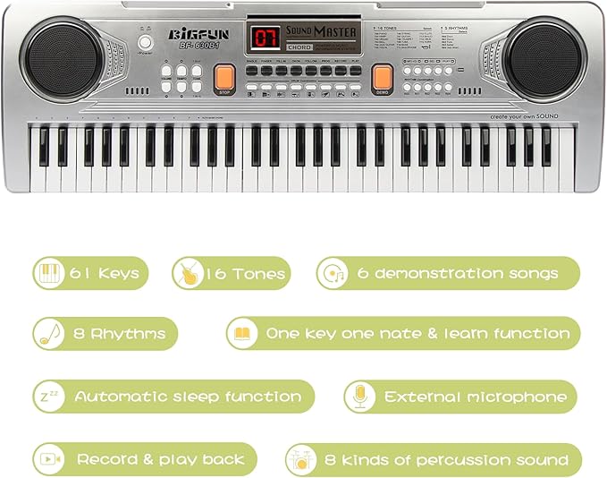 Raimy Piano Keyboard for Beginners, 61 Keys Portable Electronic Digital Piano with Microphone, Learning Educational Music Keyboard Piano for Kids Gifts Toys for Boys Girls Toddlers (Silver)