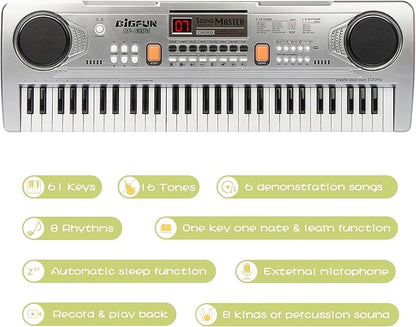 Raimy Piano Keyboard for Beginners, 61 Keys Portable Electronic Digital Piano with Microphone, Learning Educational Music Keyboard Piano for Kids Gifts Toys for Boys Girls Toddlers (Silver)