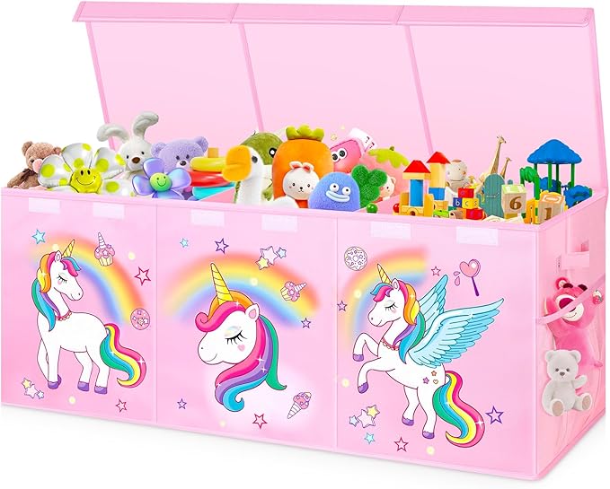 Mabahoo Extra Large Toy Chest, Collapsible Sturdy Toy Storage Organizer with Lids, 40"X14"X16" Large Kids Toybox Storage Bins Baskets for Girls, Boys, Nursery, Playroom, Pink