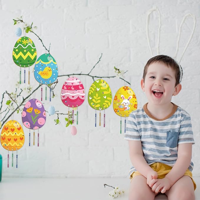 16 Pack Easter Egg Wind Chime Kits Easter Crafts for Kids Make Your Own Easter Egg Wind Chime Wooden DIY Arts and Crafts for Spring Party School Classroom Hanging Decoration Supplies Birthday Favors