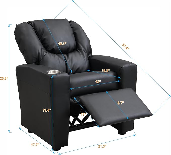 21.3" Kids Recliner Chair,Toddler Armchair Upholstered Couch with Cup Holder, Backrest,Children Upholstered Seating Sofa w/Headrest and Footrest,for Child's Bedroom,Black