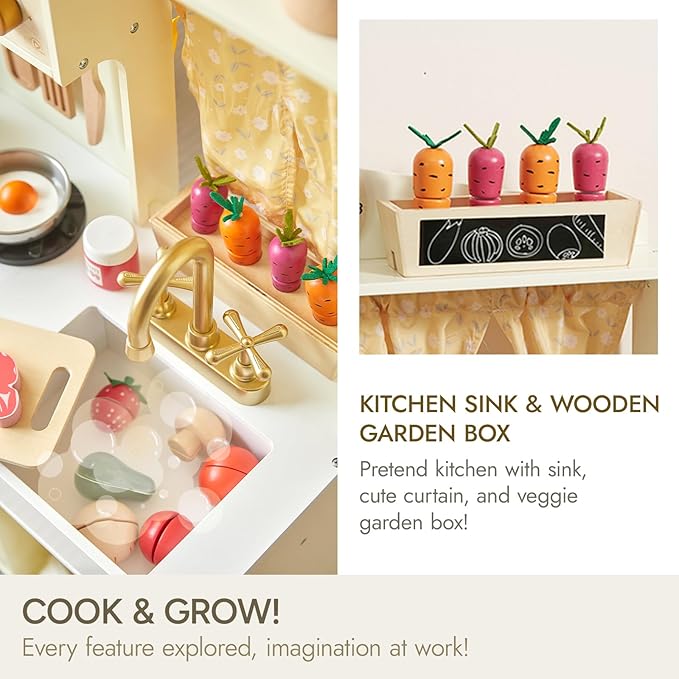 Giant bean Wooden Play Kitchen, Toddler Kitchen Playset, with Microwave Play Sink Ice Maker Oven Cookware Accessories Playset, Pretend Play Food Toys for 3+ Year Old Boys Girls