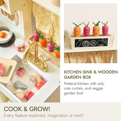 Giant bean Wooden Play Kitchen, Toddler Kitchen Playset, with Microwave Play Sink Ice Maker Oven Cookware Accessories Playset, Pretend Play Food Toys for 3+ Year Old Boys Girls