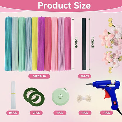 500 Pcs Pipe Cleaners for Crafts – 10 Colors Chenille Stems with Glue Guns & Tape Measure – Perfect for DIY Projects, Holiday & Room Decorations, Arts and Crafts Activities (Macaron, 12in x 8mm)