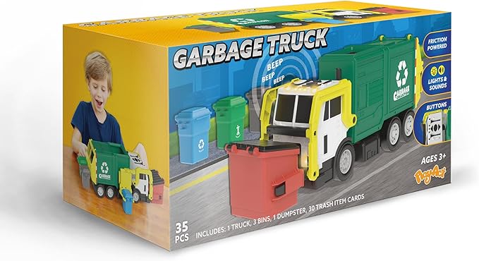 JOYIN Large Friction Powered Garbage Truck Toy Set, Includes 1 Dumpster, 3 Trash Bins, and 30 Learning Cards for Kids, Boy Toys Birthday Gift, Green