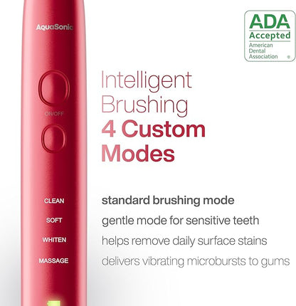 Aquasonic Vibe Series Ultra-Whitening Toothbrush – ADA Accepted Electric Toothbrush - 8 Brush Heads & Travel Case – 40,000 VPM Motor & Wireless Charging - 4 Modes w Smart Timer – Ruby