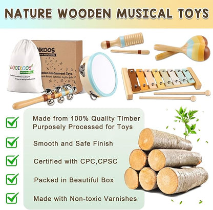 LOOIKOOS Toddler Musical Instruments Toys, Wooden Percussion Instruments Set for Kids Baby with Xylophone, Preschool Educational Musical Toys for Boys and Girls with Storage Bag(12pcs)