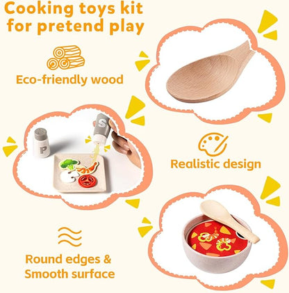 OMYBaby Wooden Play Kitchen Accessories Set for Toddlers, 25PCS Cooking Playset Food Toys with pots & Pans, Melissa and Doug Pretend Play Kitchen Toys Gift for Kids 3Y+