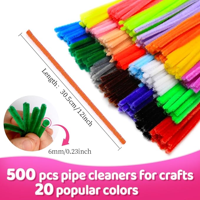 Praisebank Pipe Cleaners for Crafts (500pcs 20 Multi-Colored), Pipe Cleaners, 12 inch Long Pipe Cleaners in 20 Colors.