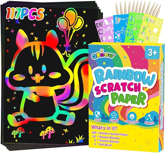 Scratch Paper Gifts Sets: 117PCS Magic Rainbow Scratch Off Art-Crafts Paper Pad Kits for 3 4 5 6 7 8 Year Old Boys Girls Toys Supplies for Birthday Halloween Christmas Fun Project Party Favors