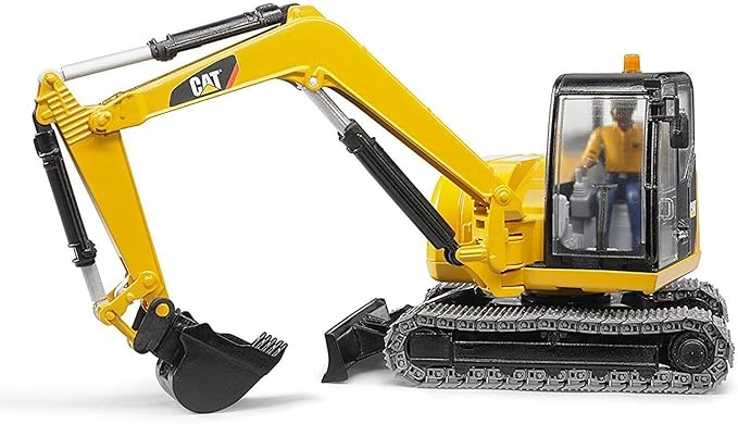 Bruder CAT Mini Excavator Construction Digger Toy with Worker, 1:16 Scale, Realistic Working Parts