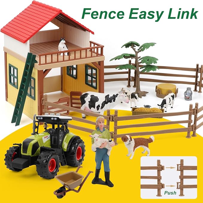 Farm Animals Figurines Toys Playset- Animal Barn House Toy Set,Tractor,Farmer,Fence,Easter Birthday Gifts for Girls Boys Toddlers Kids Ages for 3-7 Years Old