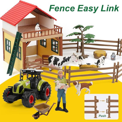 Farm Animals Figurines Toys Playset- Animal Barn House Toy Set,Tractor,Farmer,Fence,Easter Birthday Gifts for Girls Boys Toddlers Kids Ages for 3-7 Years Old