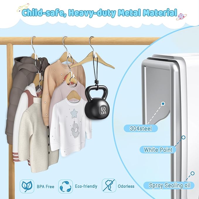 4our Kiddies Baby Hangers Space Saving(18 Pcs), Heavy Duty Metal Kids Closet Clothes Organizer for Nursery, Connector Hooks for Girl Boy Toddler Child Clothes, Fit Most Hangers