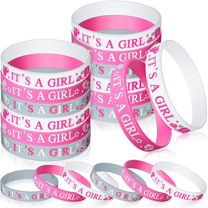 Zomiboo 36 Pieces Baby Shower Rubber Bracelets, It's a Girl Wristbands Elephant Baby Shower Decorations for Boy Girl Baby Shower Party Favor Gender Reveal Party Supplies(Girl Style)