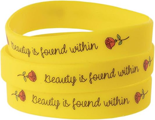 Rose Beauty Wristband Party Favors, 24 Pack Silicone Bands Beauty and the Beast Theme Bracelets for Girl Power Teens Tween Birthday Supplies Celebration Positive Message - Silicone Bracelets for Girls