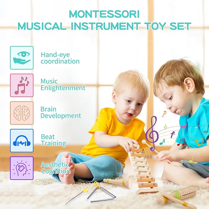 Baby Musical Instruments Montessori Wooden Music Toys Set 1-3 Gifts Kids Toddler Percussion Drum Modern Boho Xylophone with Storage Bag Boys Girls Birthday Christmas Preschool Learning Gifts
