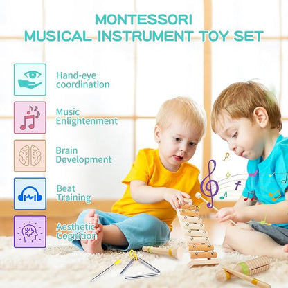 Baby Musical Instruments Montessori Wooden Music Toys Set 1-3 Gifts Kids Toddler Percussion Drum Modern Boho Xylophone with Storage Bag Boys Girls Birthday Christmas Preschool Learning Gifts