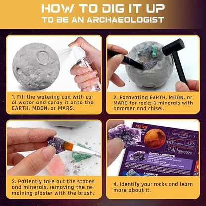 Gemstone Dig Kit, Dig up 15 Rocks & Minerals from Earth Moon Mars, Solar System Planets Geology Science Set, Space Rock Mining Toys for Kids, STEM Gift for Boys & Girls Age 6-8-12