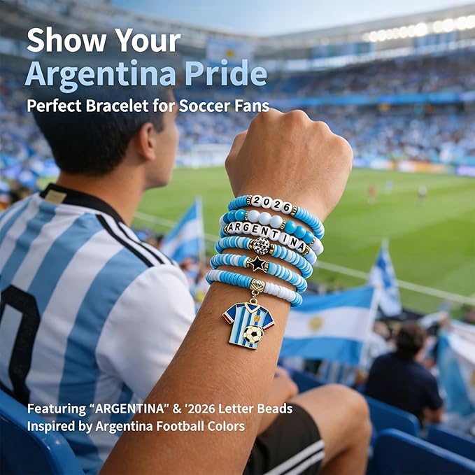 OHOME Soccer Party Favors - 6 Pack Argentina Soccer Bracelets | Soccer Mom Essentials - 2026 Soccer Game Day Jewelry Accessories Outfits for Women Men - Soccer Gifts for Fans Players Coaches Team