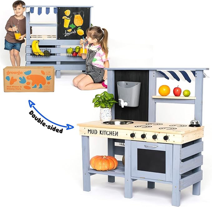 2-in-1 Mud Kitchen for Kids Outdoor and Grocery Store Pretend Play - Lemonade Stand and Market Playset for Outdoor Fun - Perfect for Cooking, Role-Playing, and Creative Imagination