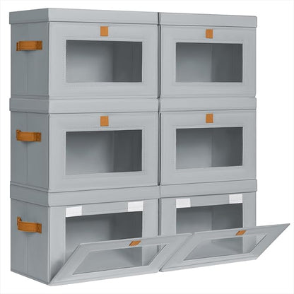 Homsorout Small Fabric Storage bins - Collapsible Storage Bins with Open Window, 6 Pack Closet Baskets for Shelves, Stackable Decorative Boxes for Home, Dorm, Grey, 13.7"x 9.8" x 9.8"