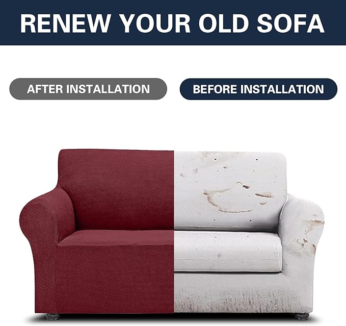 2025 New Stretch Loveseat Sofa Slipcovers Couch Cover for 2 Cushion Furniture Protector Sofa Covers with Elastic Bottom Jacquard Fabric Small Checks for Pets, Kids - Dark Red