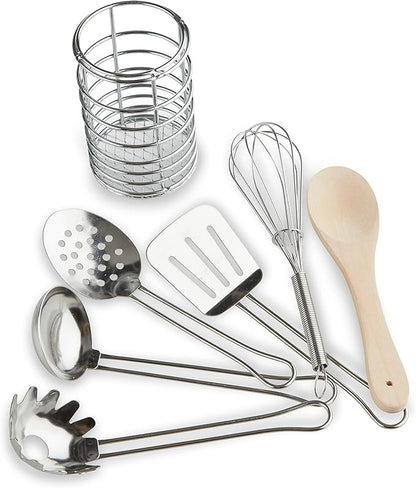Melissa & Doug Stir and Serve Cooking Utensils (7 pcs) - Stainless Steel and Wood