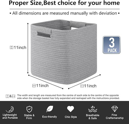 OIAHOMY Storage Cubes 11 Inch Bins-3-Pack, Cotton Rope Woven Baskets for Organizing, Square Storage Baskets for Shelves, Classroom, Kids Toy Bins, Closet, Baby Nursery-Grey