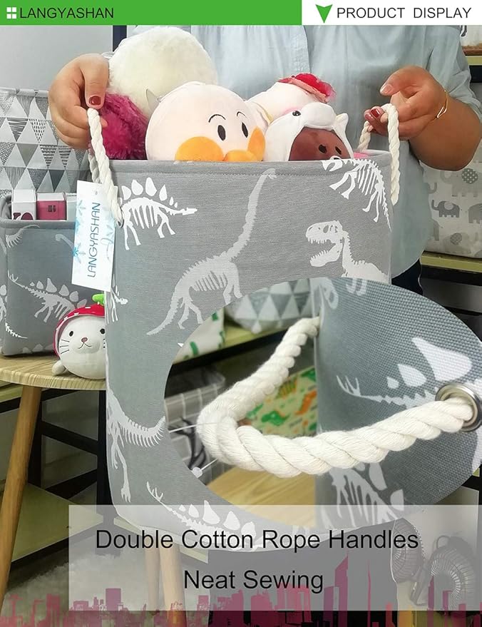 LANGYASHAN Laundry Basket Canvas Collapsible Organizer Storage Basket for Boys Girls Laundry Hamper Toy Bins Gift Baskets Bedroom Clothes Children Nursery (Gray Dinosaur skeleton)