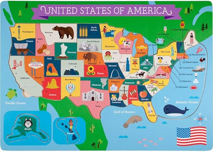 Imagination Generation USA States Chunky Puzzle Board - Learn All 50 States with Professor Poplar's Wooden Pegged Puzzles - Children's Educational Toys - USA States