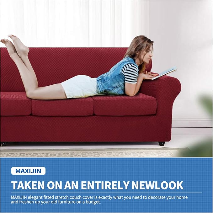 MAXIJIN 3 Piece Stretch Couch Covers for 2 Cushion Couch Sofa Slipcovers with 2 Extra Large Seat Cushion Couch Jacquard Loveseat Sofa Couch Cover for Dogs (2 Cushion Sofa, Wine Red)