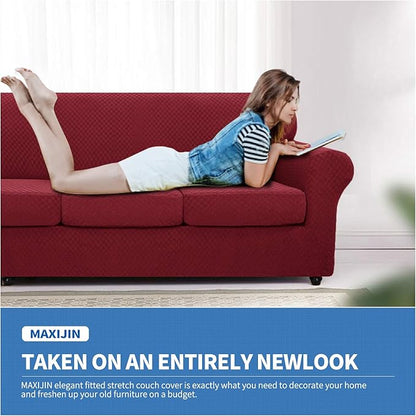 MAXIJIN 4 Piece Jacquard Extra Large Couch Covers for 3 Cushion Couch Super Stretch Non Slip Couch Cover for Dogs Pet Friendly Sofa Slipcover Furniture Protector (Oversized Sofa, Wine Red)