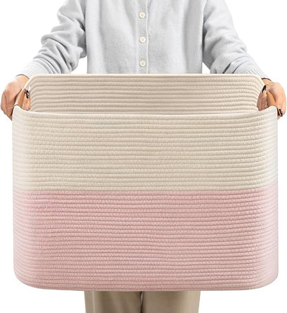 danpinera Woven Rectangle Storage Basket, Large Blanket Basket for Living Room,Kids Room, Storage Bin Box with Handle for Pillows, 22’’*17’’*11.8’’, 72L, White/Pink