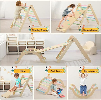 Wooden Pikler Triangle Set - 7 in 1 Montessori Foldable Toddler Climbing Toys for Early Learning - Includes Arch, Ramp, and Climbing Triangle - Indoor/Outdoor Playground Equipment for Toddlers