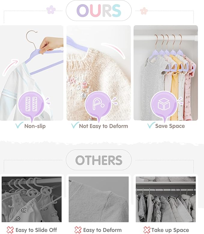Baby Hangers, VIS'V 11 Inch Lavender Velvet Kids Hangers with 6 Pcs Size Dividers Non Slip Nursery Children Closet Clothes Hangers for Infant Toddler Girls and Boys 50 Pcs