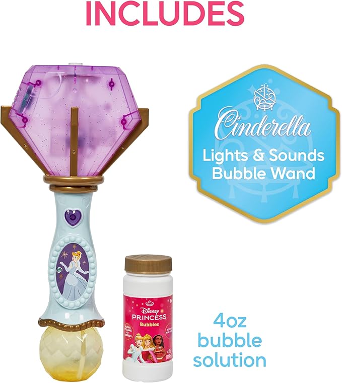 Little Kids Disney Princess Cinderella Light and Sound Musical Bubble Wand, Includes Bubble Solution