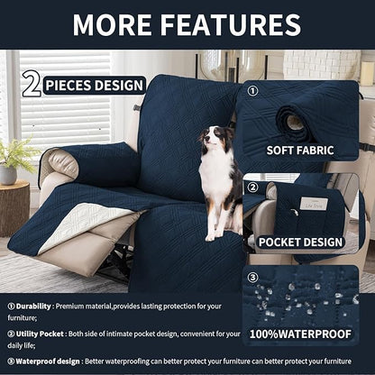 Easehomey Waterproof Loveseat Recliner Cover,Non Slip Reclining Couch Covers for 2 Seat,Dog Chair Cover Furniture Protector Washable Chair Cover with Pocket for Kids,Pets,Dogs(Dark Blue,2Seat)