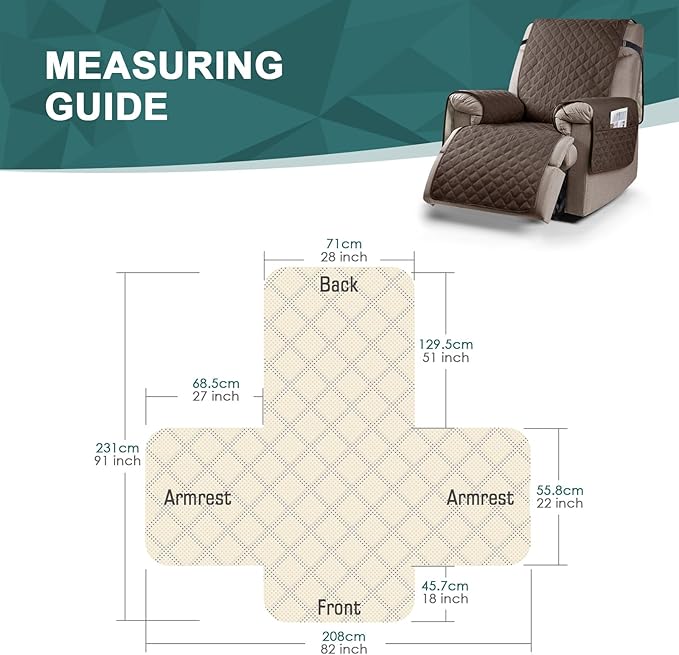 Ruaozz 100% Waterproof Recliner Chair Cover Non-Slip Oversized Reclining Cover for Large Recliner Chair Washable Chair Seat Cover with Elastic Straps for Kids, Dogs, Pets (Brown, 28'')